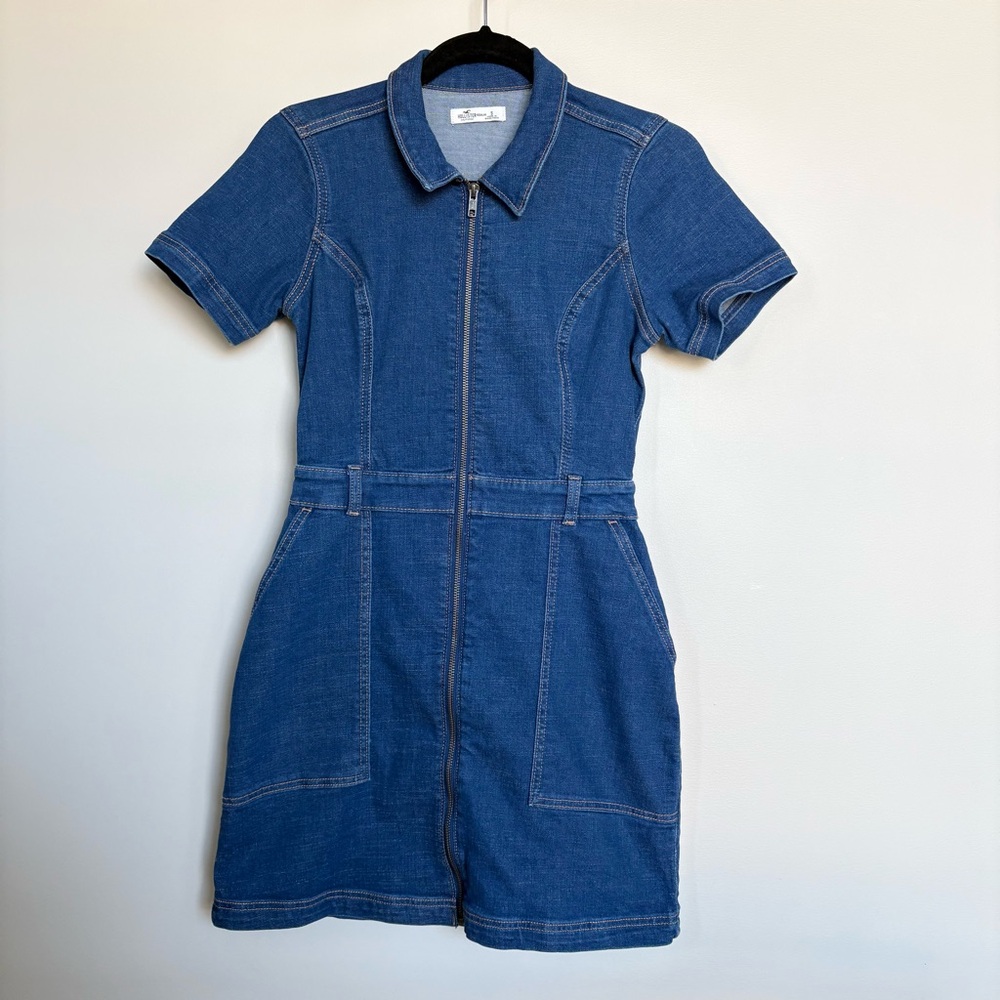 Hollister Denim Zip Front Mini Dress, Size Small, Utility Retro Y2K Style